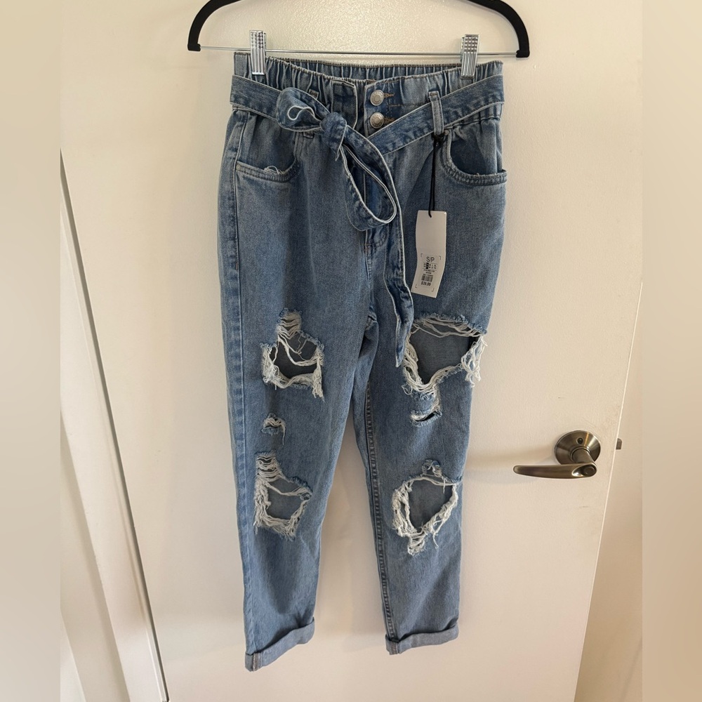 refuge Light Blue Distressed Paperbag Jeans with Tie Waist